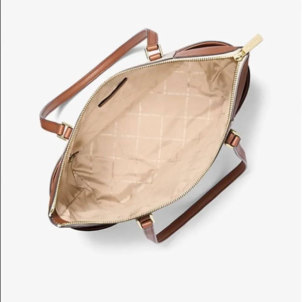 MICHAEL‎ KORS Maddie large signature top zip tote handbag vanilla/brown NWT pkg